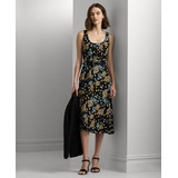 Womens Floral Belted Crepe Sleeveless Dress