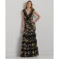 Womens Tiered Ruffled Floral Gown