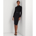 Womens Belted Mockneck Long-Sleeve Stretch Jersey Dress