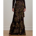 Womens Floral Burnout Velvet Tiered Maxiskirt