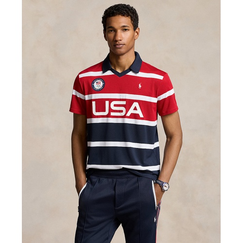 폴로 랄프로렌 Mens Team USA Custom Slim-Fit Stretch Striped Mesh Polo Shirt