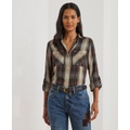 Womens Relaxed Fit Plaid Roll-Tab-Sleeve Shirt