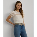 Womens Lace Mesh Puff-Sleeve Top