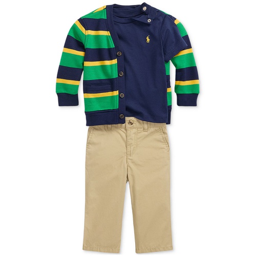 폴로 랄프로렌 Baby 3 Pc. Solid T Shirt Stripe Fleece Cardigan & Poplin Pants Set