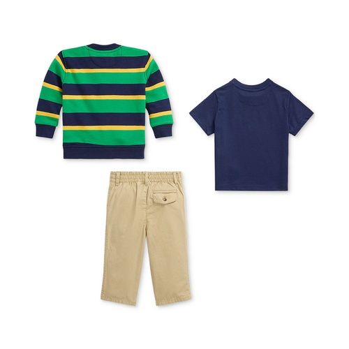 폴로 랄프로렌 Baby 3 Pc. Solid T Shirt Stripe Fleece Cardigan & Poplin Pants Set