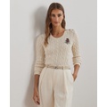 Womens Button-Trim Cable-Knit Cotton Sweater