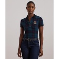 Womens Plaid Beaded-Crest Pique Polo Shirt