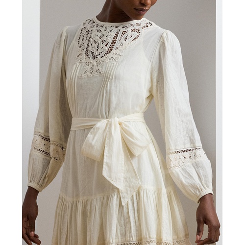 폴로 랄프로렌 Womens Lace-Trim Belted Cotton Voile Dress