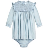 Baby Smocked Ruffle Trim Cotton Chambray Dress with Matching Bloomer