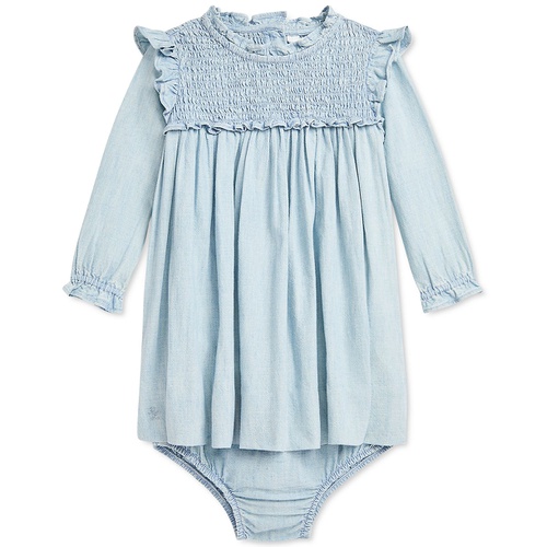 폴로 랄프로렌 Baby Smocked Ruffle Trim Cotton Chambray Dress with Matching Bloomer