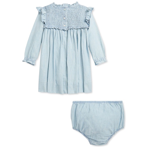 폴로 랄프로렌 Baby Smocked Ruffle Trim Cotton Chambray Dress with Matching Bloomer