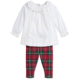 Baby Lace Trim Top & Plaid Leggings Set