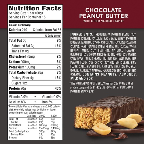  PowerBar Protein Plus Bar, Chocolate Peanut Butter, 2.12 Ounce (15 Count)