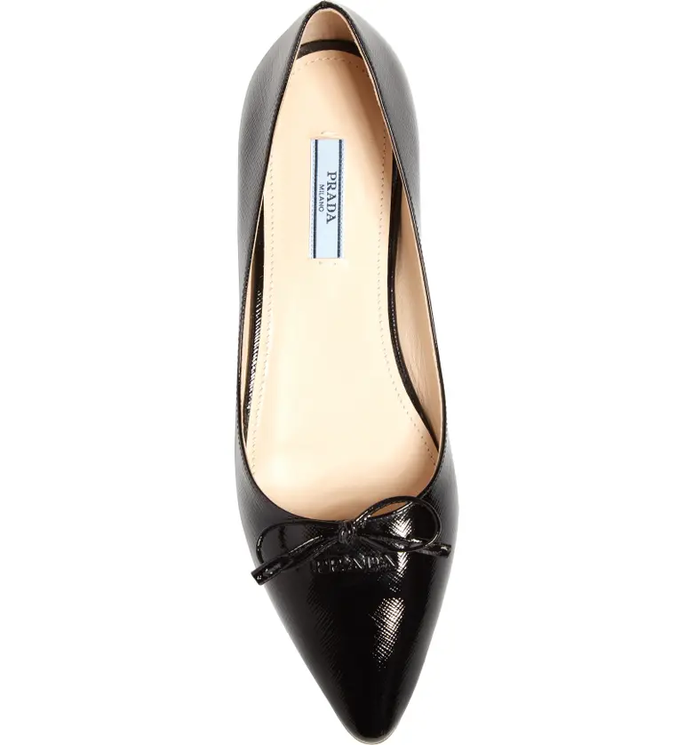 프라다 Prada Bow Logo Pointed Toe Flat_BLACK SAFFIANO