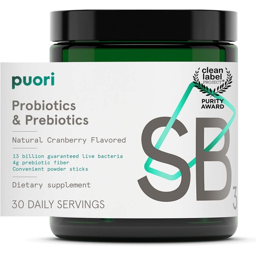  Puori Probiotics and Prebiotics Dietary Supplement - 13 Billion CFU x 30 Servings - Support Immune and Digestive Health - Fiber 4g, Vitamin C 200mg - SB3 Bifidobacterium, Lactobaci