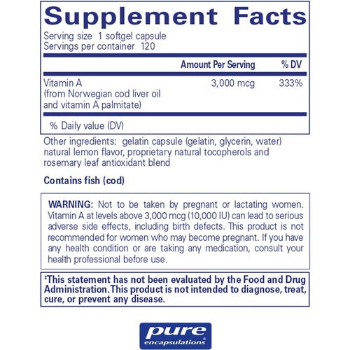  Pure Encapsulations Vitamin A 10,000 IU from Cod Liver Oil Supports Immune and Cellular Health, Vision, Bones, Skin, and Reproductive Function* 120 Softgel Capsules