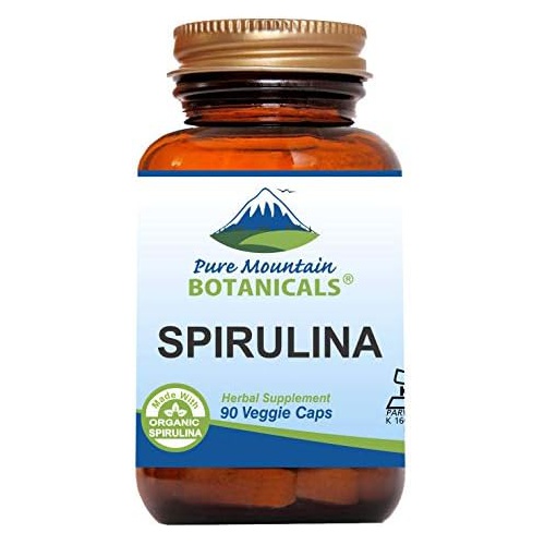  Pure Mountain Botanicals Spirulina Capsules - 90 Kosher Vegan Caps - Now with 450mg Organic Spirulina Powder - Natures Superfood Supplement