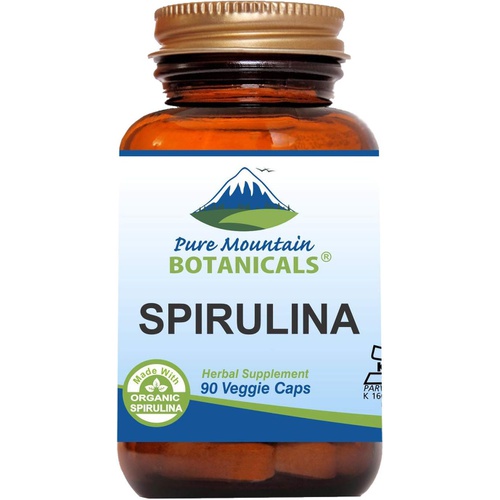  Pure Mountain Botanicals Spirulina Capsules - 90 Kosher Vegan Caps - Now with 450mg Organic Spirulina Powder - Natures Superfood Supplement