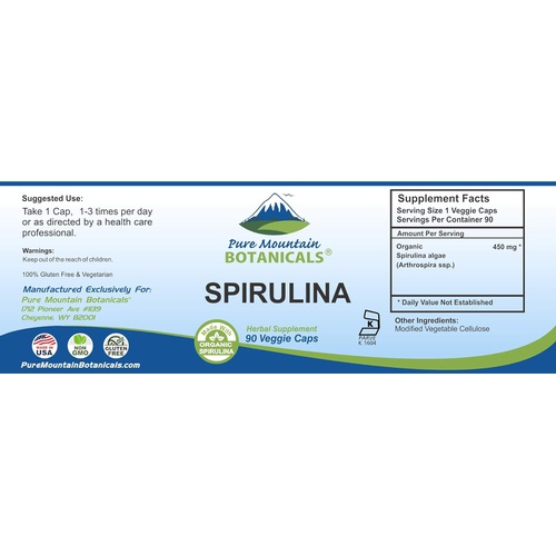  Pure Mountain Botanicals Spirulina Capsules - 90 Kosher Vegan Caps - Now with 450mg Organic Spirulina Powder - Natures Superfood Supplement