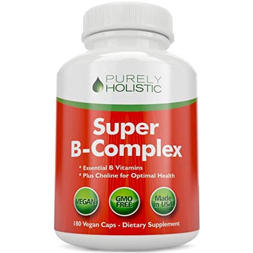  Purely Holistic Vitamin B Complex - 8 Super B Complex Vitamins with Choline & Inositol, Vitamins B1, B2, B3, B5, B6, B8, B9 & B12 - B100 Complex - 180 Vegan Capsules - 6 Month Supply - Made in The