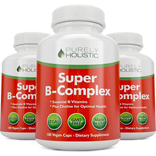  Purely Holistic Vitamin B Complex - 8 Super B Complex Vitamins with Choline & Inositol, Vitamins B1, B2, B3, B5, B6, B8, B9 & B12 - B100 Complex - 180 Vegan Capsules - 6 Month Supply - Made in The