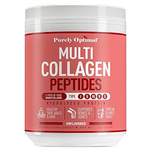  Purely Optimal Premium Multi Collagen Powder - 5 Types of Hydrolyzed Collagen Peptides with Biotin, Hair Skin and Nails Vitamins, Bone & Joint Support - Keto-Friendly, Unflavored (