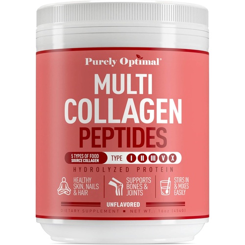  Purely Optimal Premium Multi Collagen Powder - 5 Types of Hydrolyzed Collagen Peptides with Biotin, Hair Skin and Nails Vitamins, Bone & Joint Support - Keto-Friendly, Unflavored (