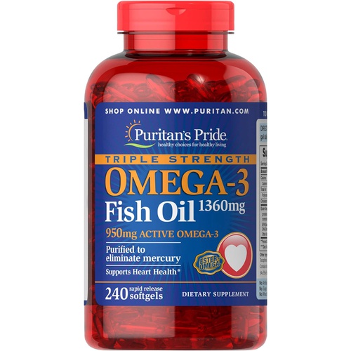  Puritans Pride Triple Strength Omega-3 Fish Oil 1360 Mg (950 Mg Active Omega-3), 240 Count, Package may vary