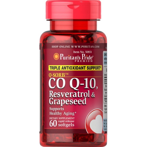  Puritans Pride Q-Sorb Co Q-10, Resveratrol & Grapeseed-60 Rapid Release Softgels
