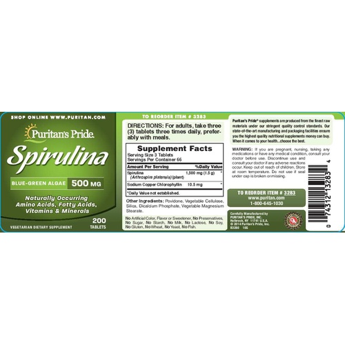  Puritans Pride Spirulina 500 mg, Immune Support, 200 Count