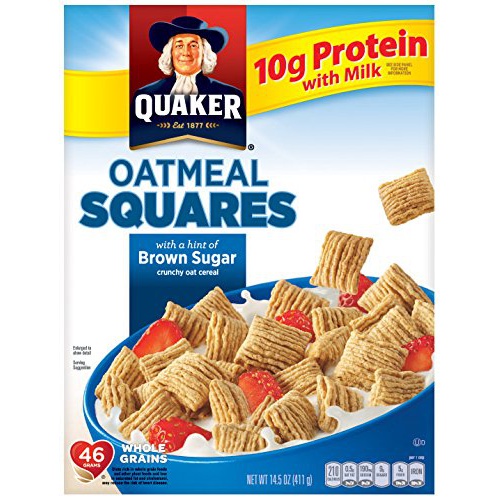  Quaker Oatmeal Squares, Brown Sugar, Crunchy Oat Breakfast Cereal, 14.5oz Box