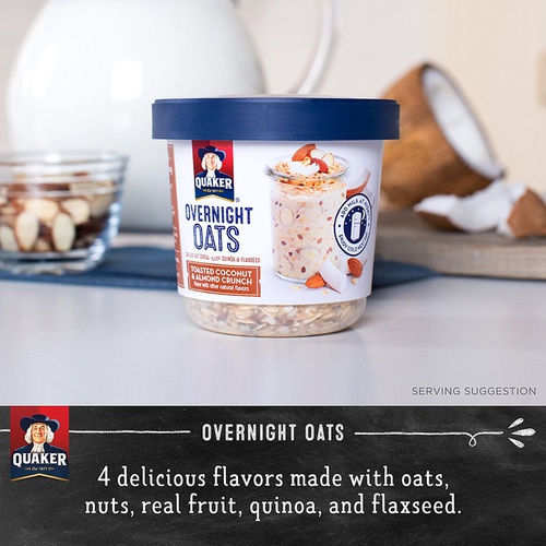  Quaker Overnight Oats, Toasted Coconut & Almond Crunch, Breakfast Cereal, Pack of 12