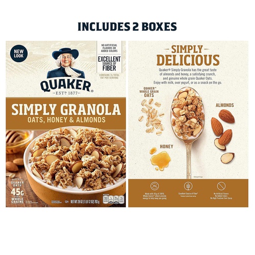  Quaker Simply Granola, Oats, Honey, Raisins and Almonds, 28 oz Boxes, (2 Pack)