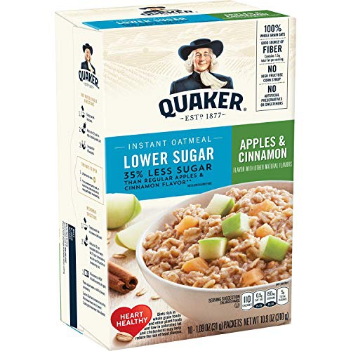  Quaker Instant Oatmeal, Lower Sugar, Apples & Cinnamon, Breakfast Cereal, 1.09 Ounce (Pack of 4)