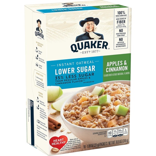  Quaker Instant Oatmeal, Lower Sugar, Apples & Cinnamon, Breakfast Cereal, 1.09 Ounce (Pack of 4)