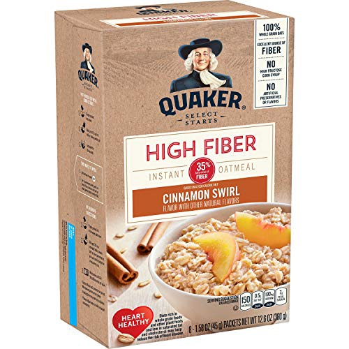  Quaker Instant Oatmeal, High Fiber, Cinnamon Swirl, Breakfast Cereal, 8 -1.58 oz Packets Per Box (Pack of 4)