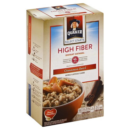  Quaker Instant Oatmeal, High Fiber, Cinnamon Swirl, Breakfast Cereal, 8 -1.58 oz Packets Per Box (Pack of 4)