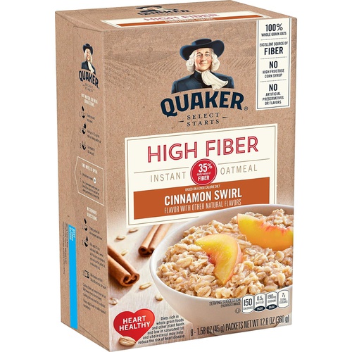  Quaker Instant Oatmeal, High Fiber, Cinnamon Swirl, Breakfast Cereal, 8 -1.58 oz Packets Per Box (Pack of 4)