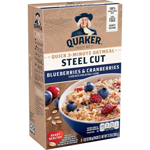  Quaker Steel Cut Quick 3-Minute Oatmeal, Blueberries & Cranberries, Individual Packets, 48 Count