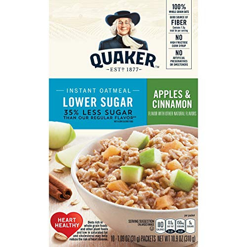  Quaker - Hot Cereal Quaker Instant Oatmeal, Lower Sugar, Apple Cinnamon, Breakfast Cereal, 10 Packets