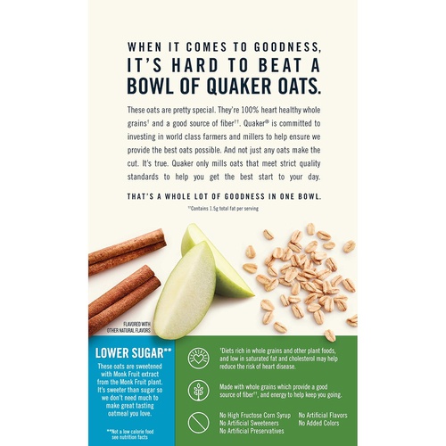  Quaker - Hot Cereal Quaker Instant Oatmeal, Lower Sugar, Apple Cinnamon, Breakfast Cereal, 10 Packets