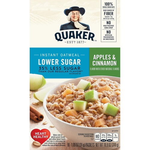  Quaker - Hot Cereal Quaker Instant Oatmeal, Lower Sugar, Apple Cinnamon, Breakfast Cereal, 10 Packets