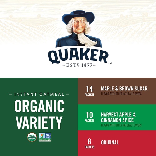  Quaker - Hot Cereal Quaker Instant Oatmeal, USDA Organic, Non-GMO Project Verified, 3 Flavor Variety Pack, Individual Packets, 32 Count