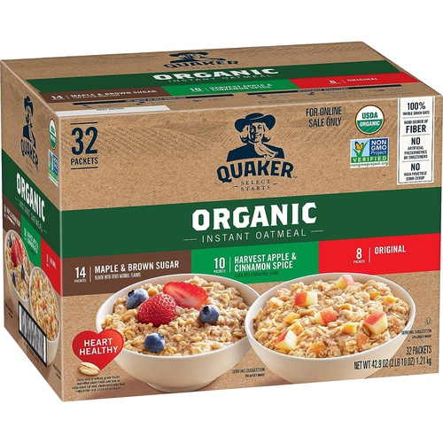  Quaker - Hot Cereal Quaker Instant Oatmeal, USDA Organic, Non-GMO Project Verified, 3 Flavor Variety Pack, Individual Packets, 32 Count