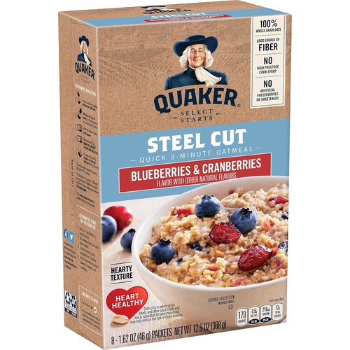  Quaker - Hot Cereal Quaker, Instant Steel Cut Oatmeal, Cranberries And Blueberries, 8 Ct