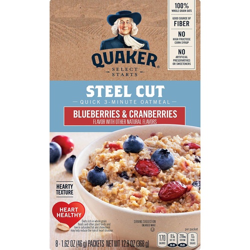  Quaker - Hot Cereal Quaker, Instant Steel Cut Oatmeal, Cranberries And Blueberries, 8 Ct