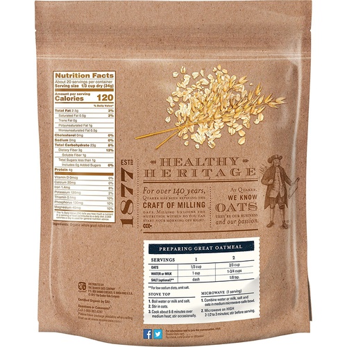  Quaker - Hot Cereal Quaker Organic Old Fashioned Oats, Non-GMO Project Verified, 24 Ounce, Resealable Bag