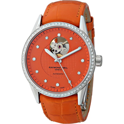 Raymond Weil Womens 2750-SLS-61081 Freelancer Diamond-Accented Stainless Steel Automatic Watch with Orange Leather Band