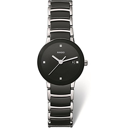  Rado Womens 31.1 mm x 28 mm Swiss Quartz Watch with Stainless Steel with Ceramic Inserts Strap, Two-Tone (Black and Silver-ton, 18 (Model: R30935712)