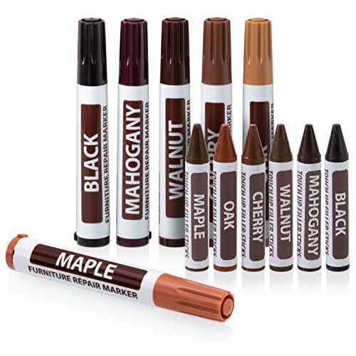  Ram-Pro Furniture Markers Touch Up Repair System - 12Pc Scratch Restore Kit - 6 Felt Tip Wood Markers, 6 Wax Stick Crayons | Colors: Maple, Oak, Cherry, Walnut, Mahogany, Black